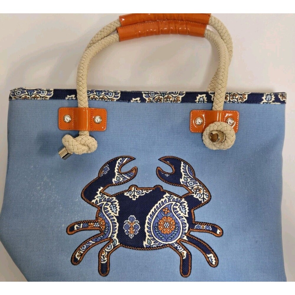 Spartina 449 Tote Bag Large  Coastal Crab Beach Canvas Blue Rope Handle Nautical